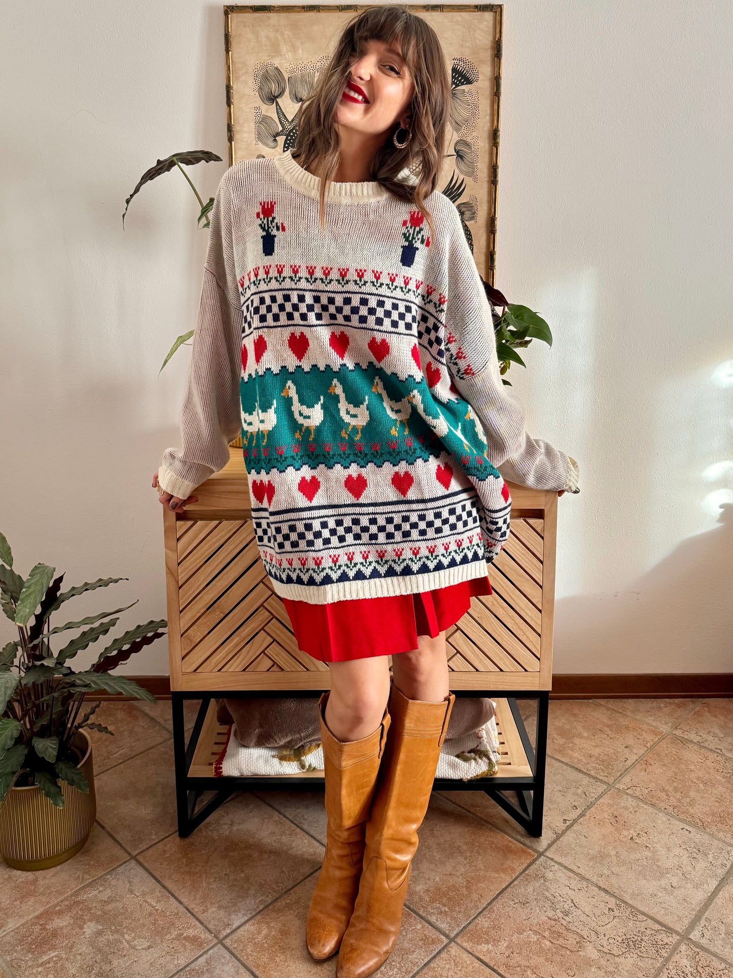 1980's vintage red, green and turquoise duck pattern knit pullover