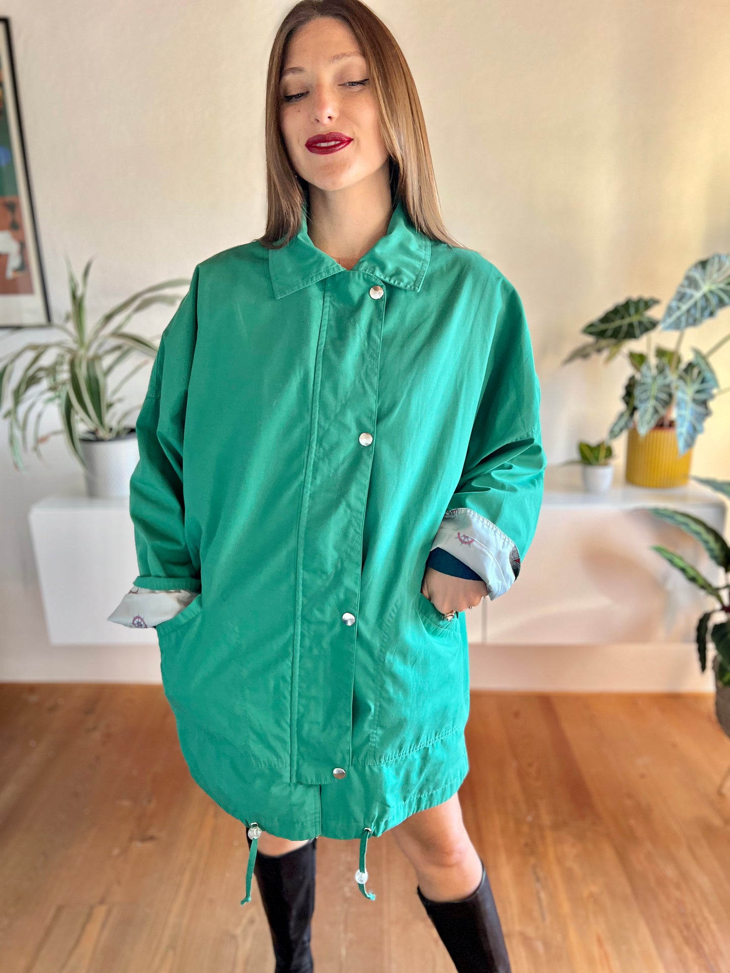 1970's vintage green trench coat with nautical motif lining