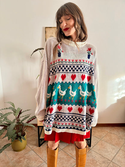 1980's vintage red, green and turquoise duck pattern knit pullover