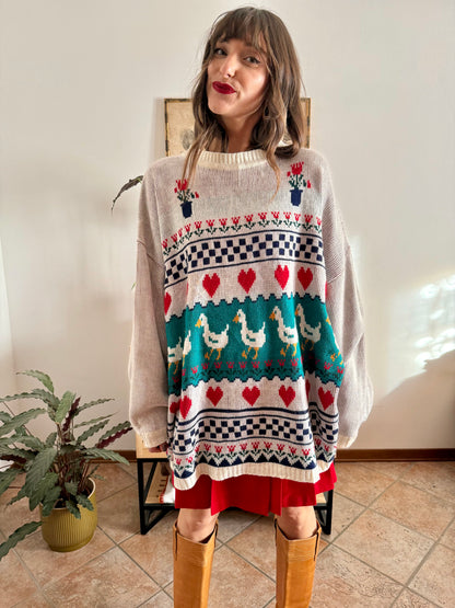 1980's vintage red, green and turquoise duck pattern knit pullover
