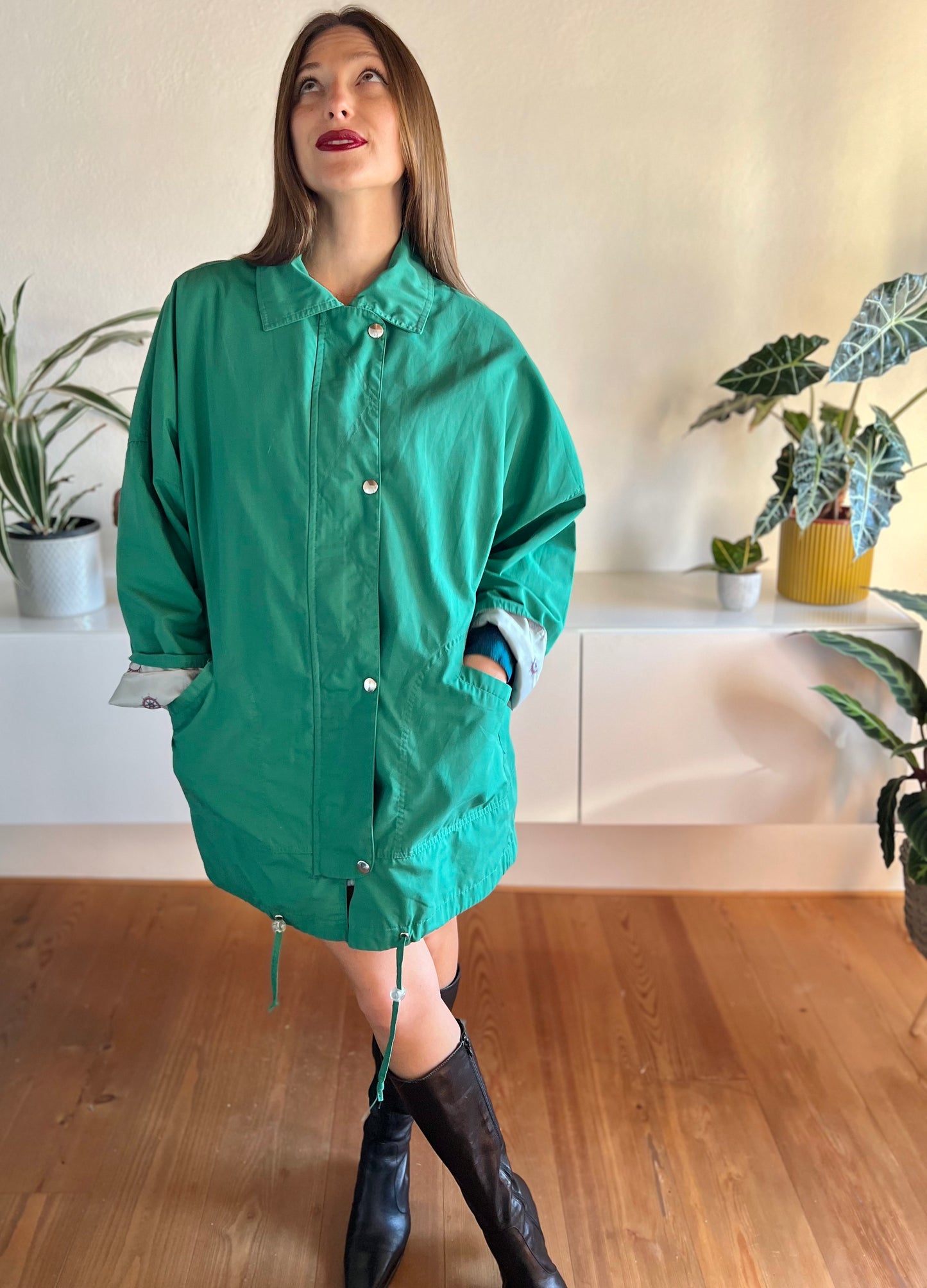 1970's vintage green trench coat with nautical motif lining