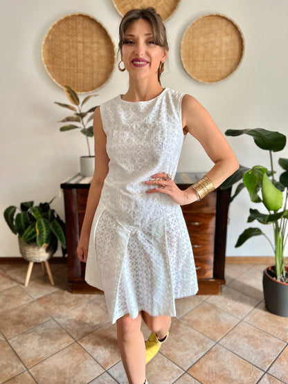 1970's vintage dead stock white semi sheer geometric deign pleated drop waist midi dress