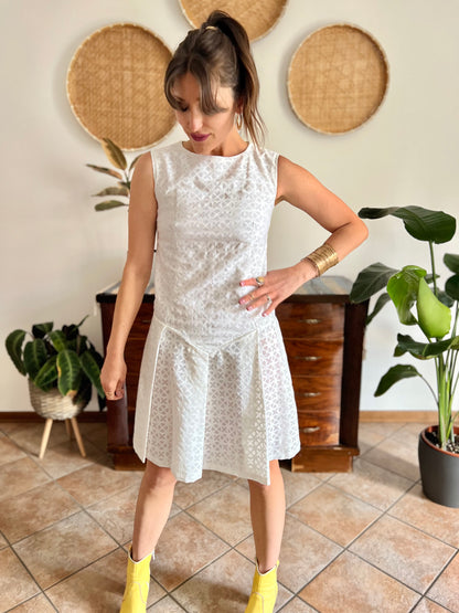 1970's vintage dead stock white semi sheer geometric deign pleated drop waist midi dress