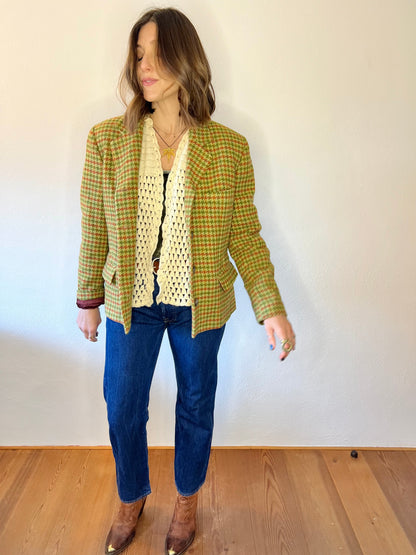 Y2K vintage green and coral houndstooth wool coat