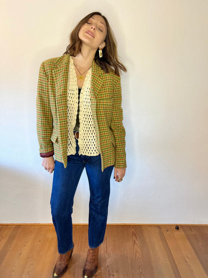 Y2K vintage green and coral houndstooth wool coat