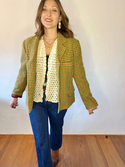 Y2K vintage green and coral houndstooth wool coat