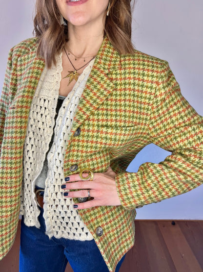 Y2K vintage green and coral houndstooth wool coat