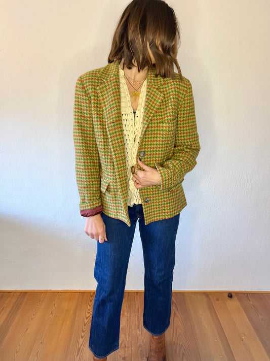 Y2K vintage green and coral houndstooth wool coat