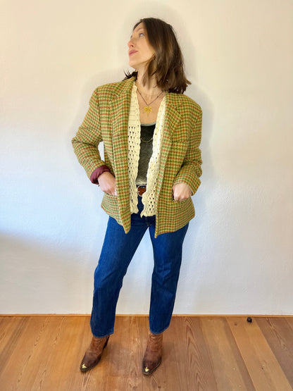 Y2K vintage green and coral houndstooth wool coat