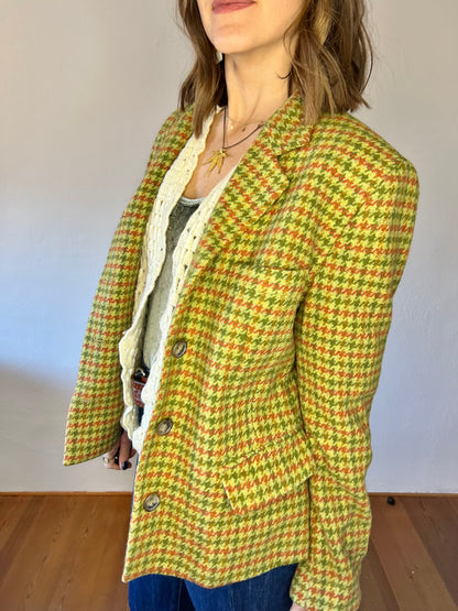 Y2K vintage green and coral houndstooth wool coat