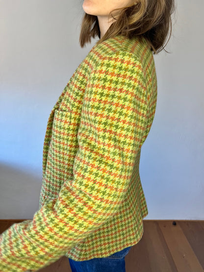 Y2K vintage green and coral houndstooth wool coat