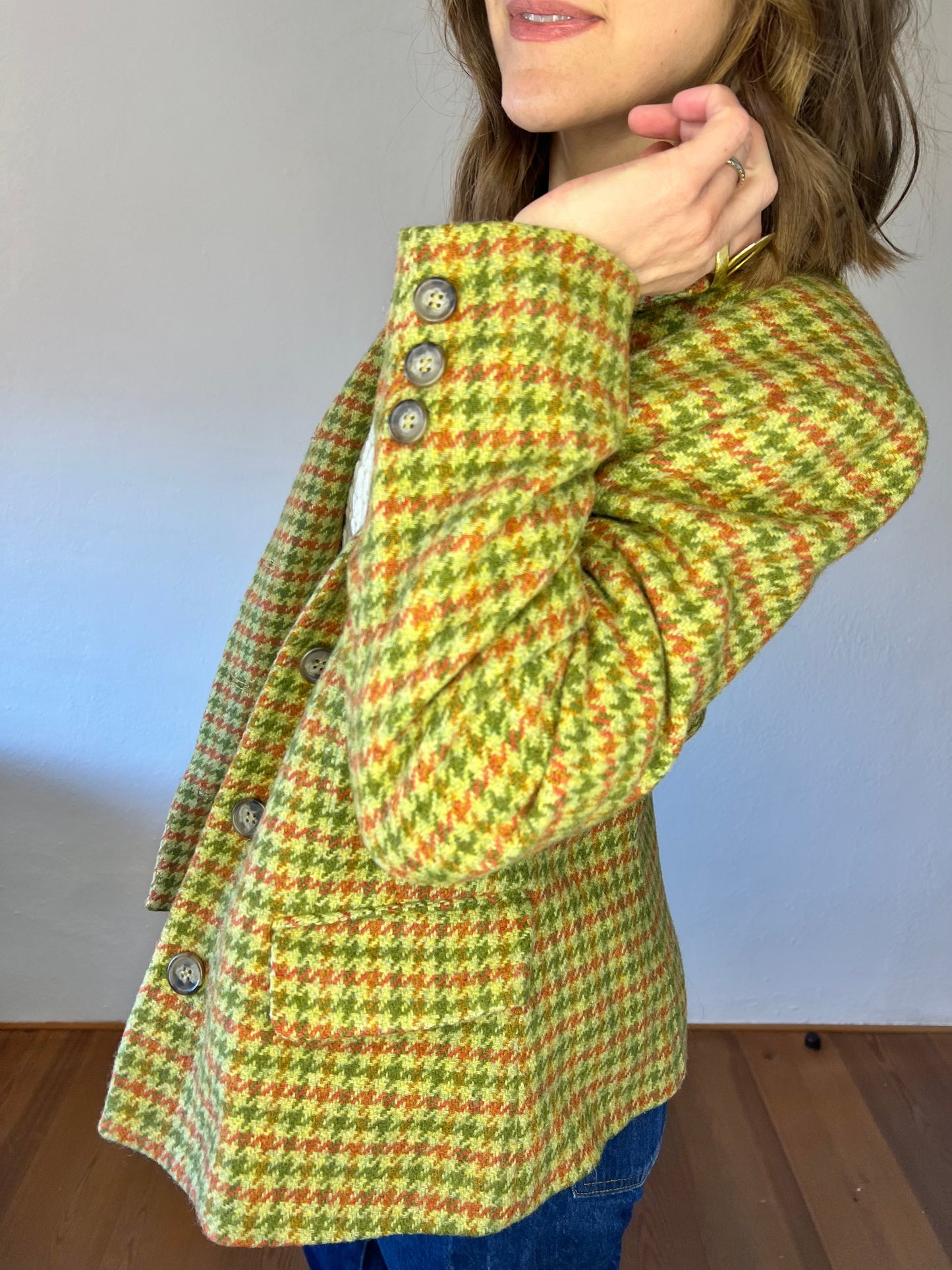 Y2K vintage green and coral houndstooth wool coat