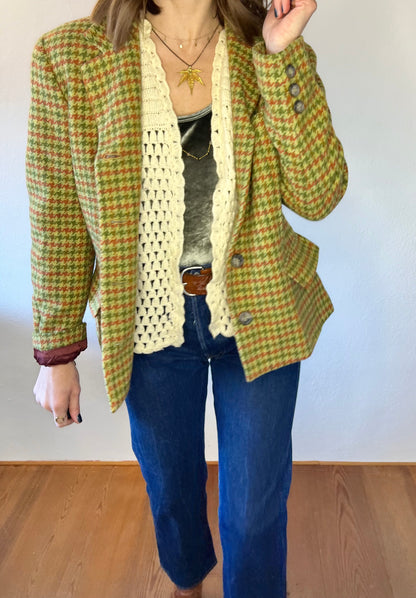 Y2K vintage green and coral houndstooth wool coat