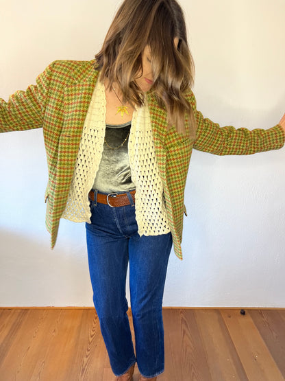 Y2K vintage green and coral houndstooth wool coat