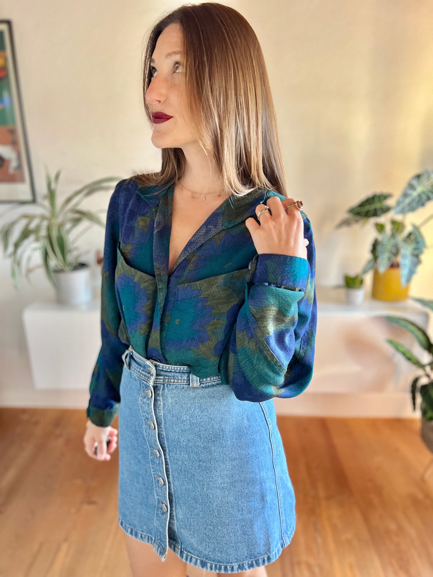 1970's vintage green and blue floral blouse