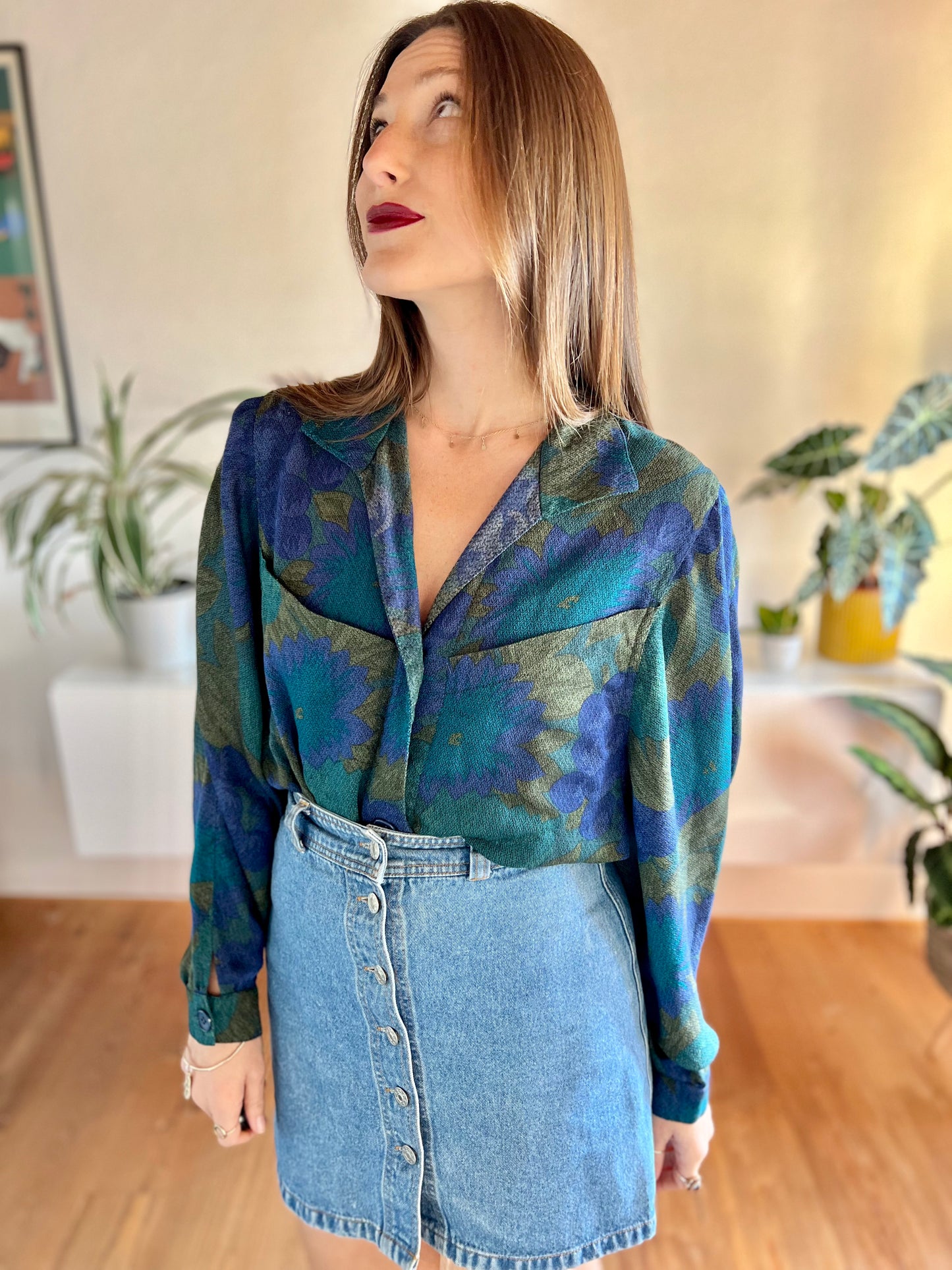 1970's vintage green and blue floral blouse