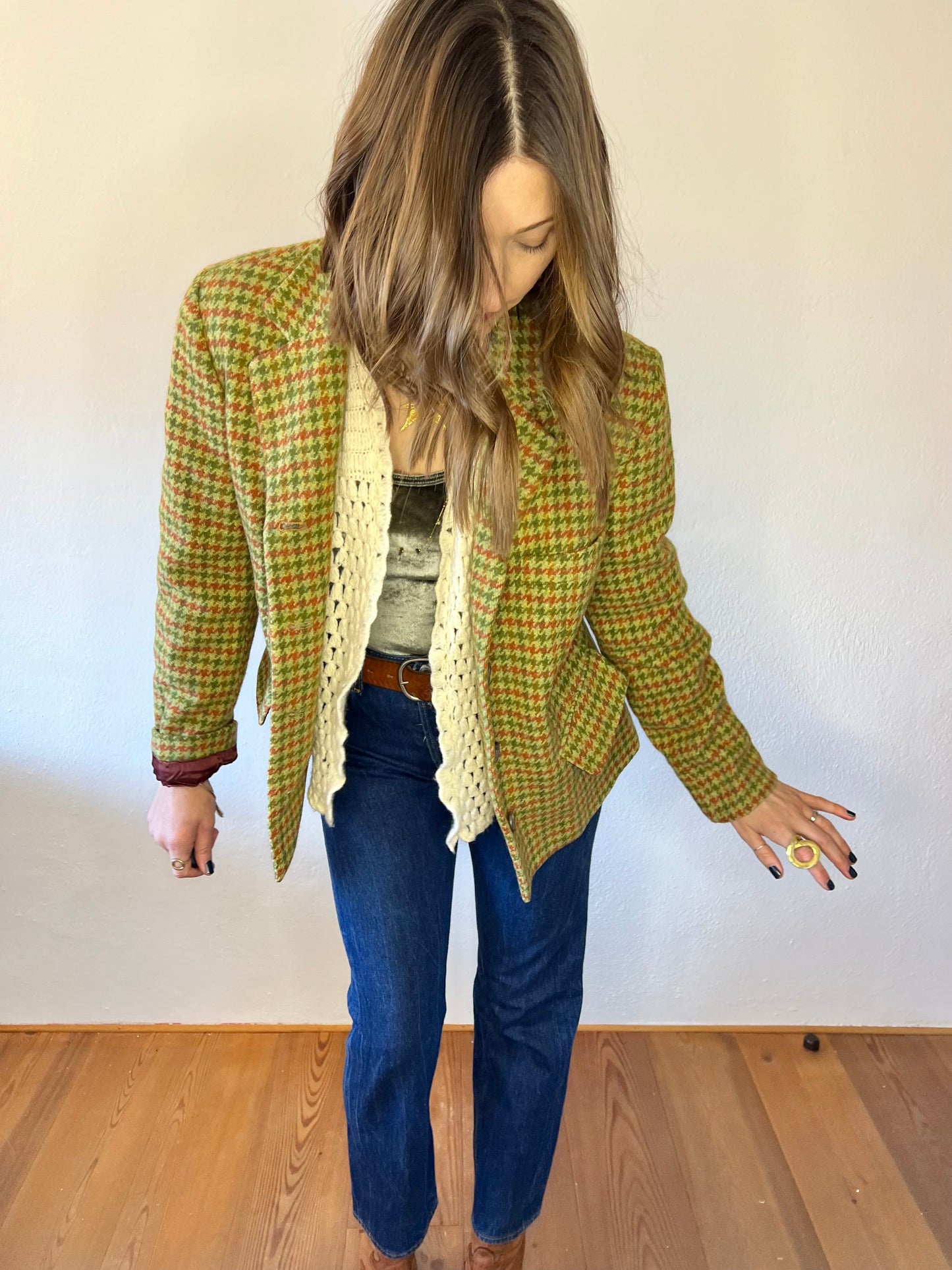 Y2K vintage green and coral houndstooth wool coat