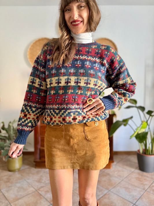 1970's vintage multicolor geometric hand knit wool pullover