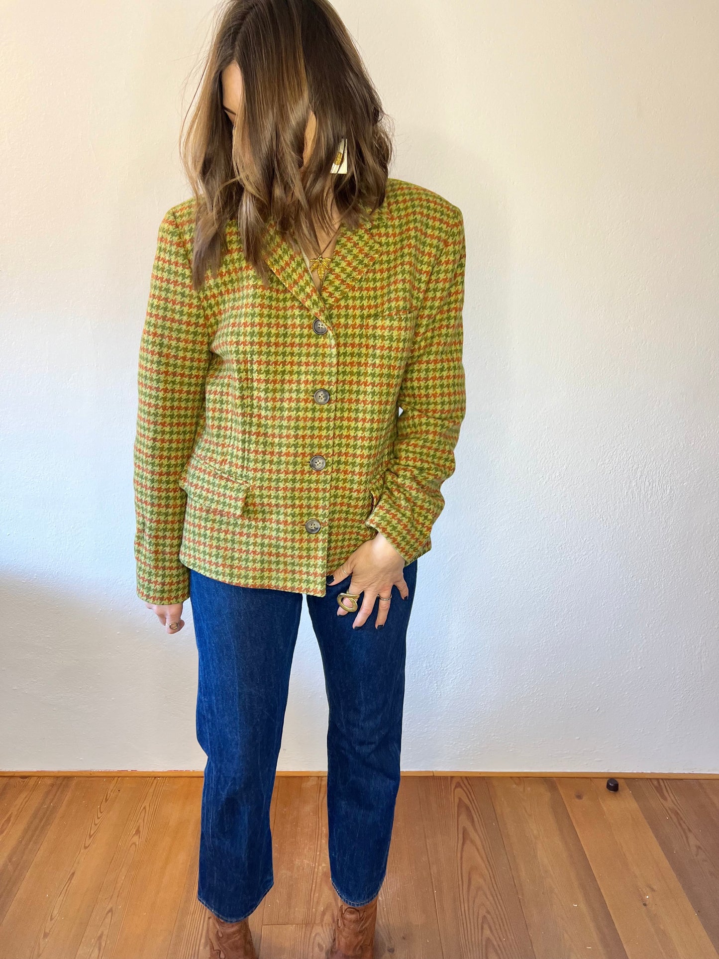 Y2K vintage green and coral houndstooth wool coat