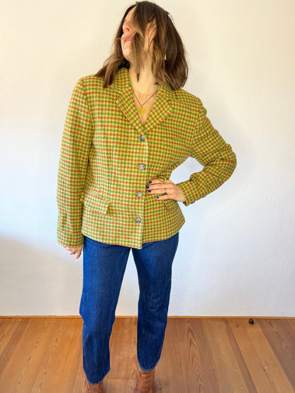 Y2K vintage green and coral houndstooth wool coat