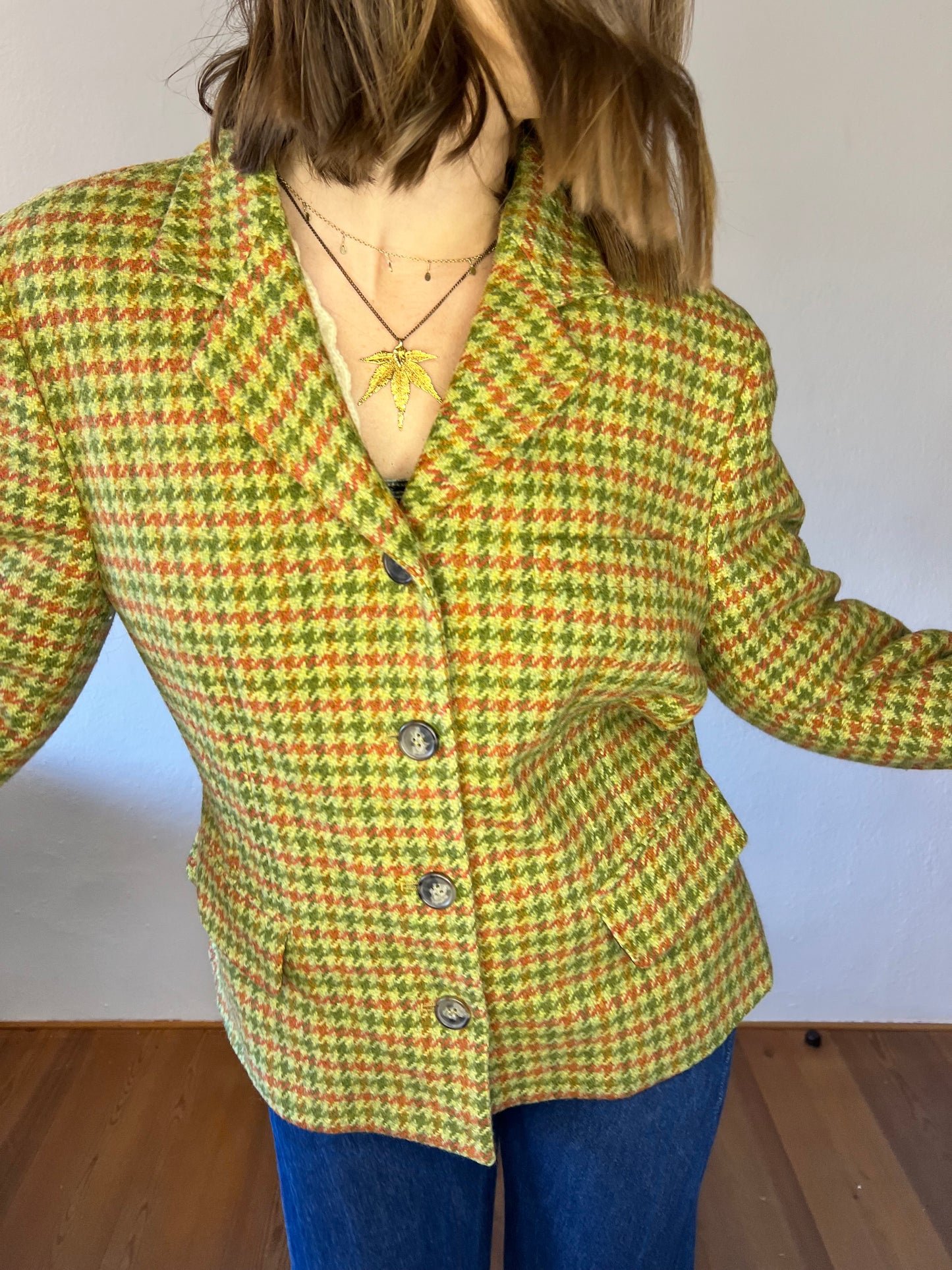 Y2K vintage green and coral houndstooth wool coat