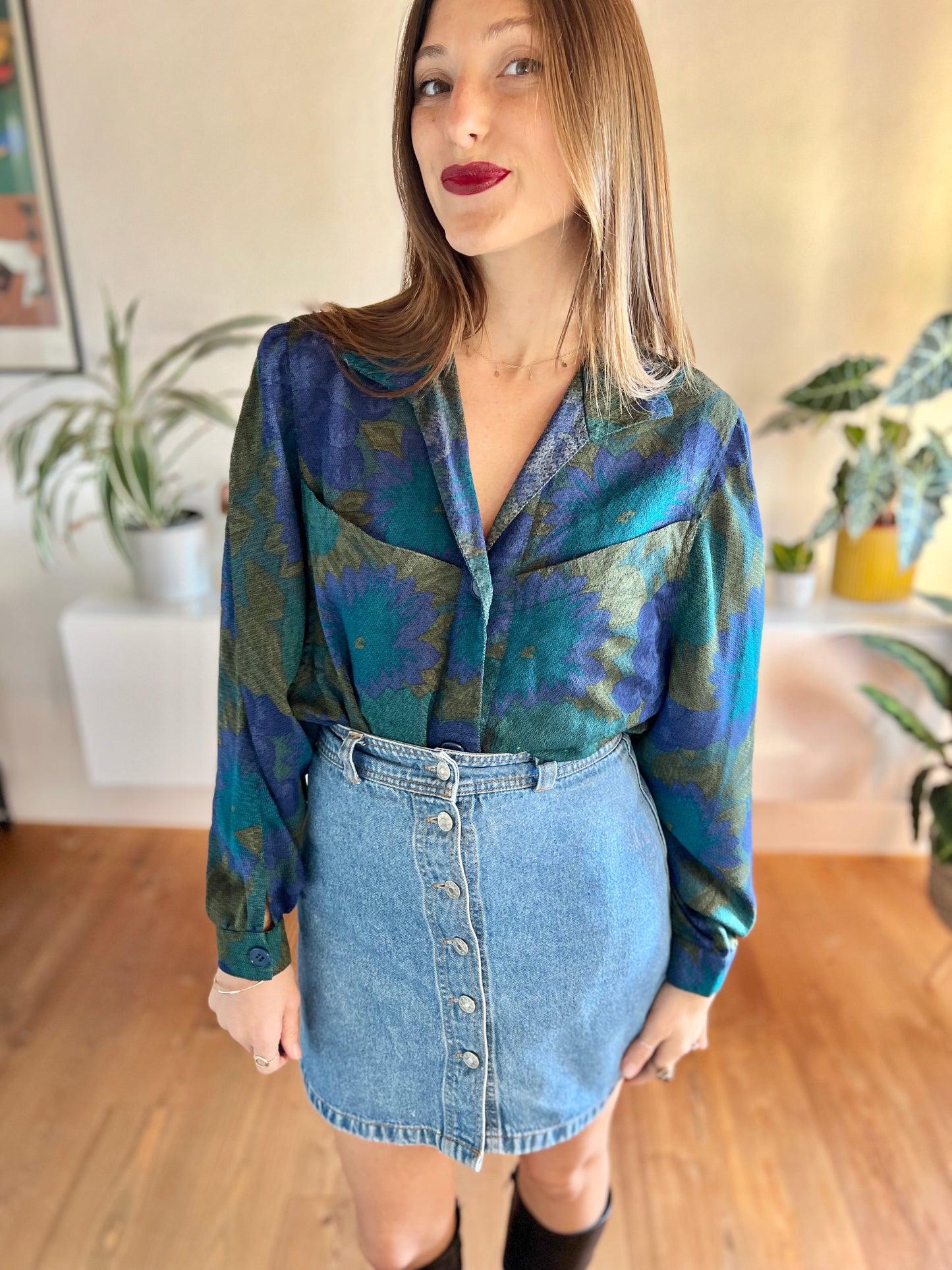 1970's vintage green and blue floral blouse