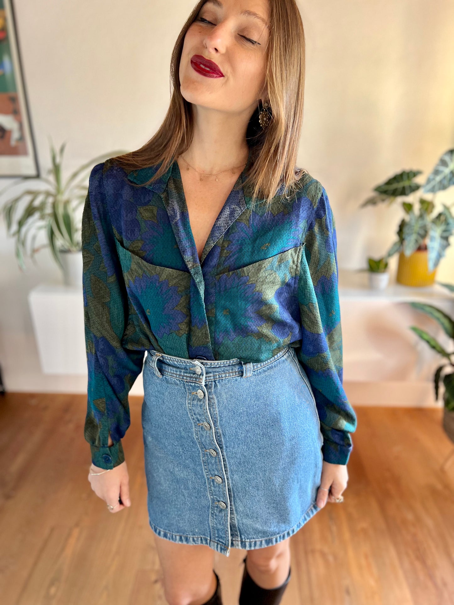 1970's vintage green and blue floral blouse