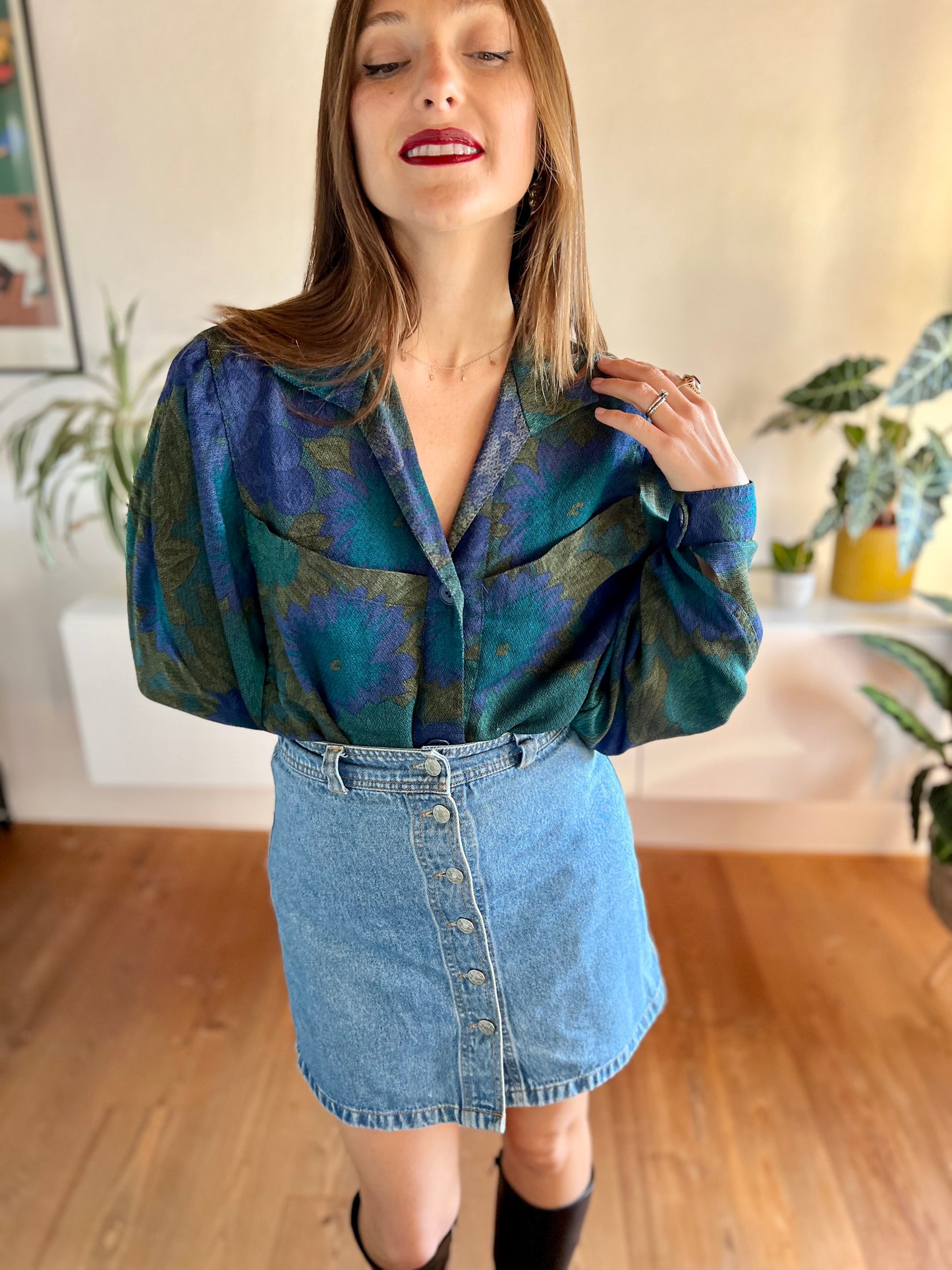 1970's vintage green and blue floral blouse