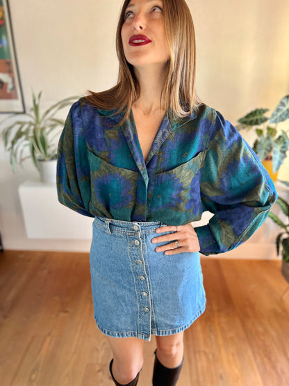 1970's vintage green and blue floral blouse