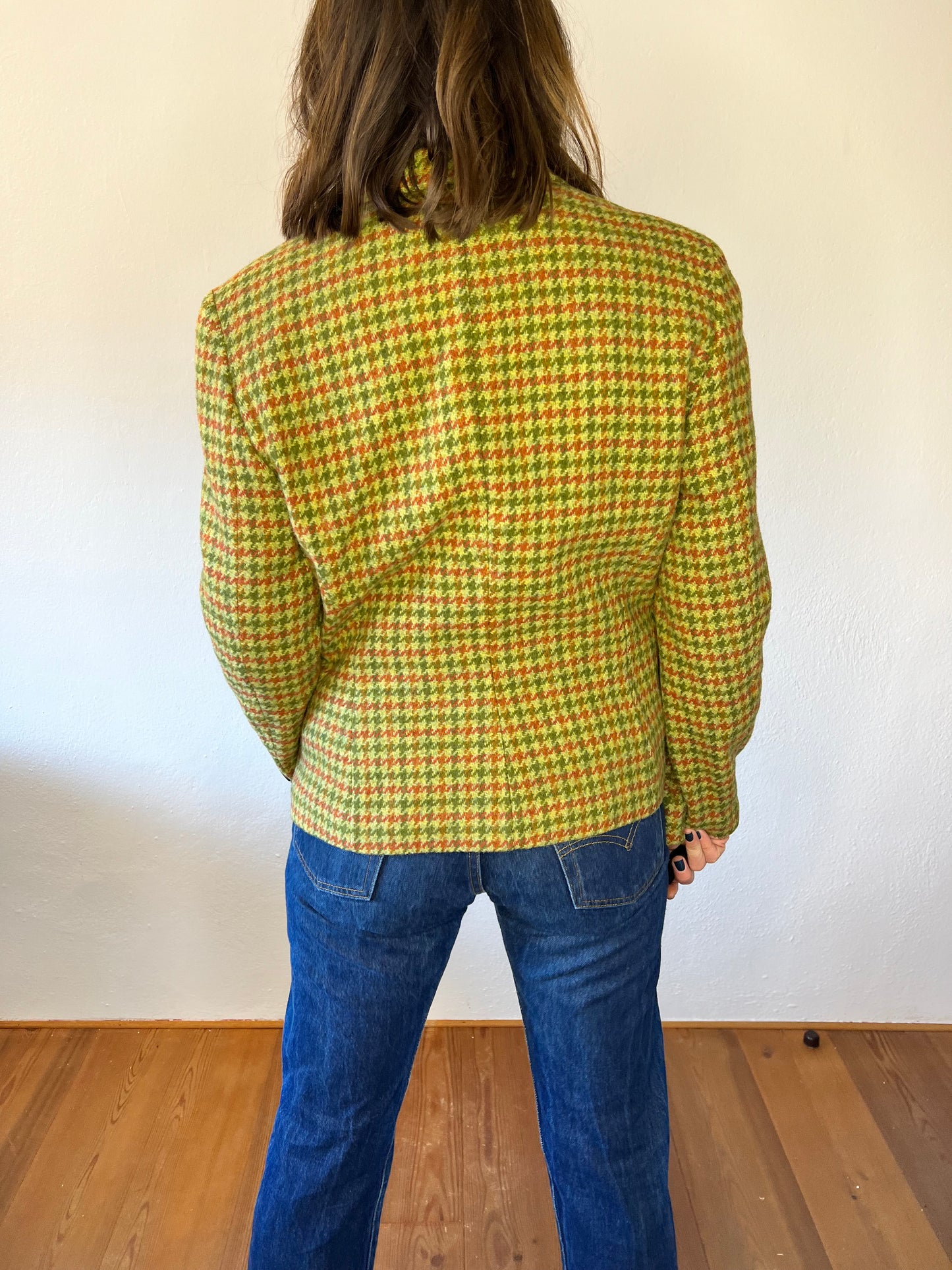 Y2K vintage green and coral houndstooth wool coat