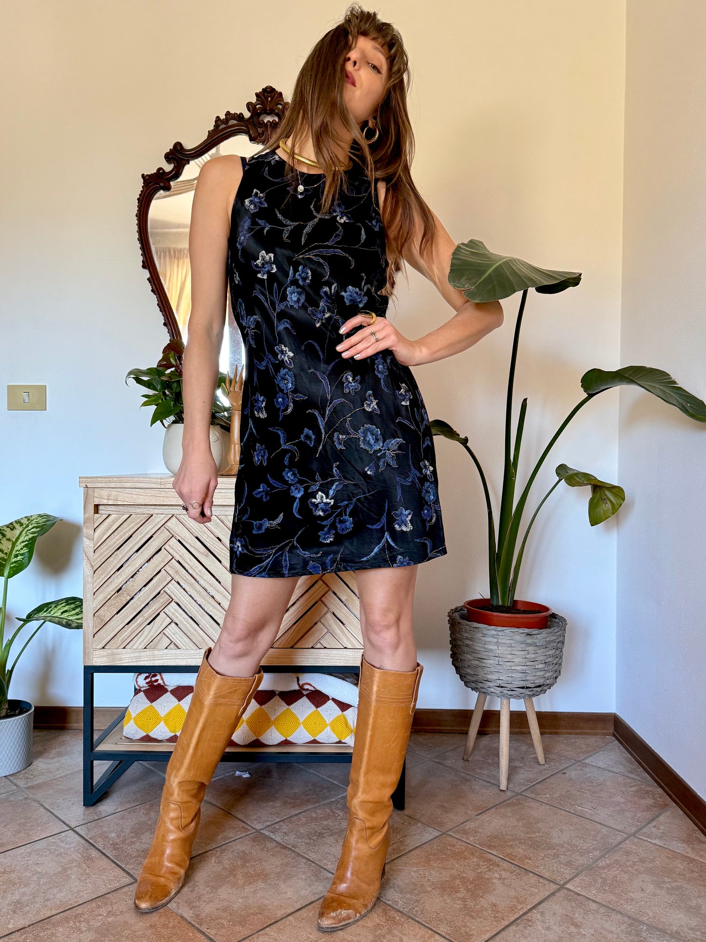 1990's vintage black satin mini dress with blue and gold floral print