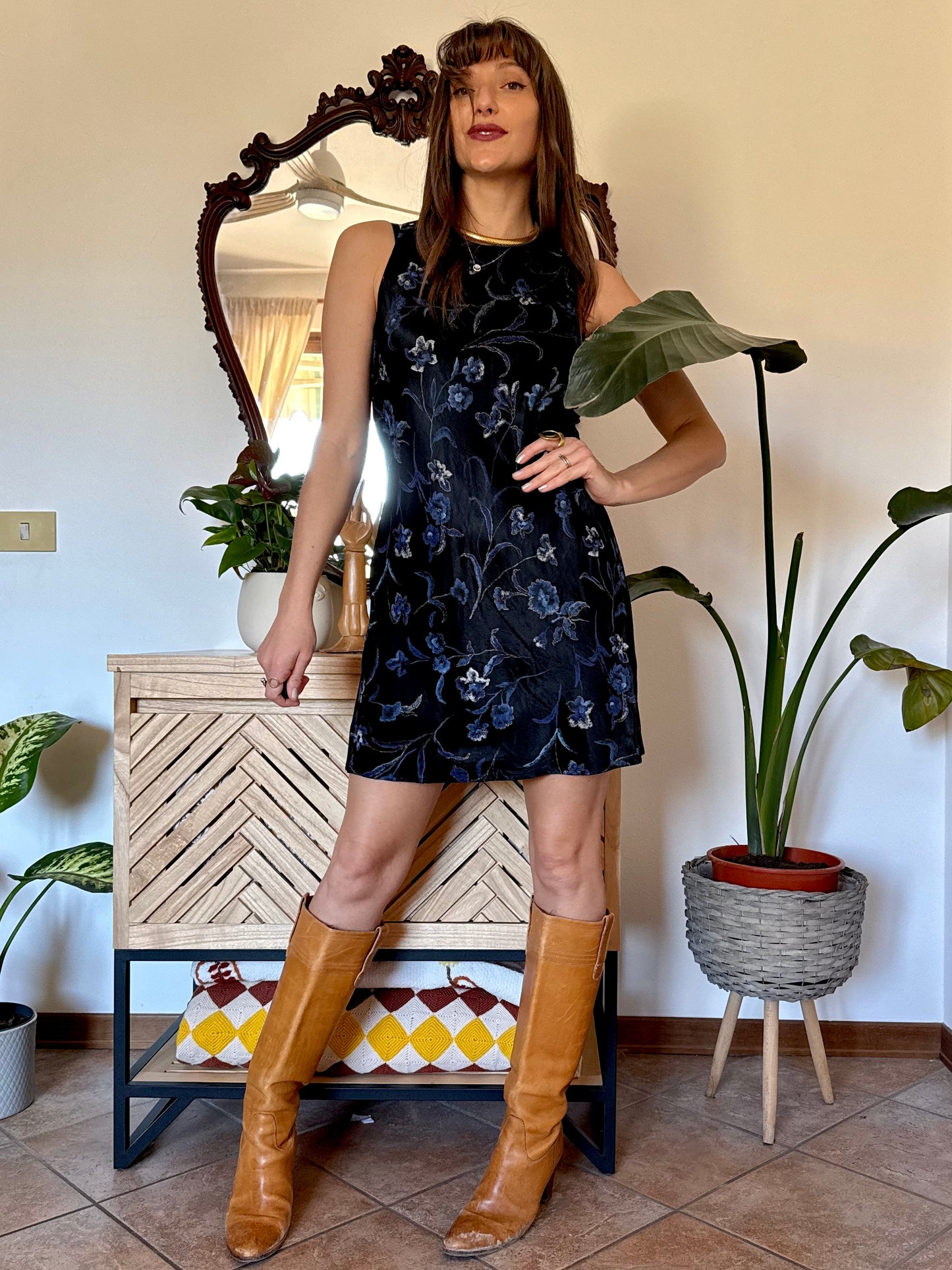1990's vintage black satin mini dress with blue and gold floral print