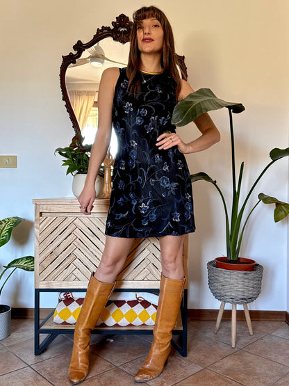 1990's vintage black satin mini dress with blue and gold floral print