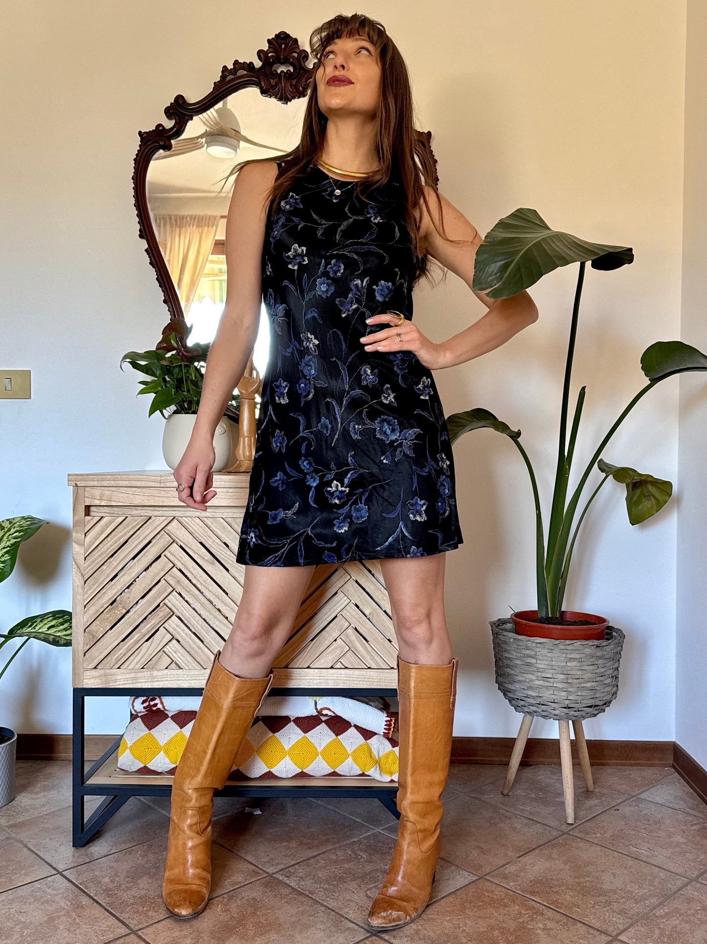 1990's vintage black satin mini dress with blue and gold floral print