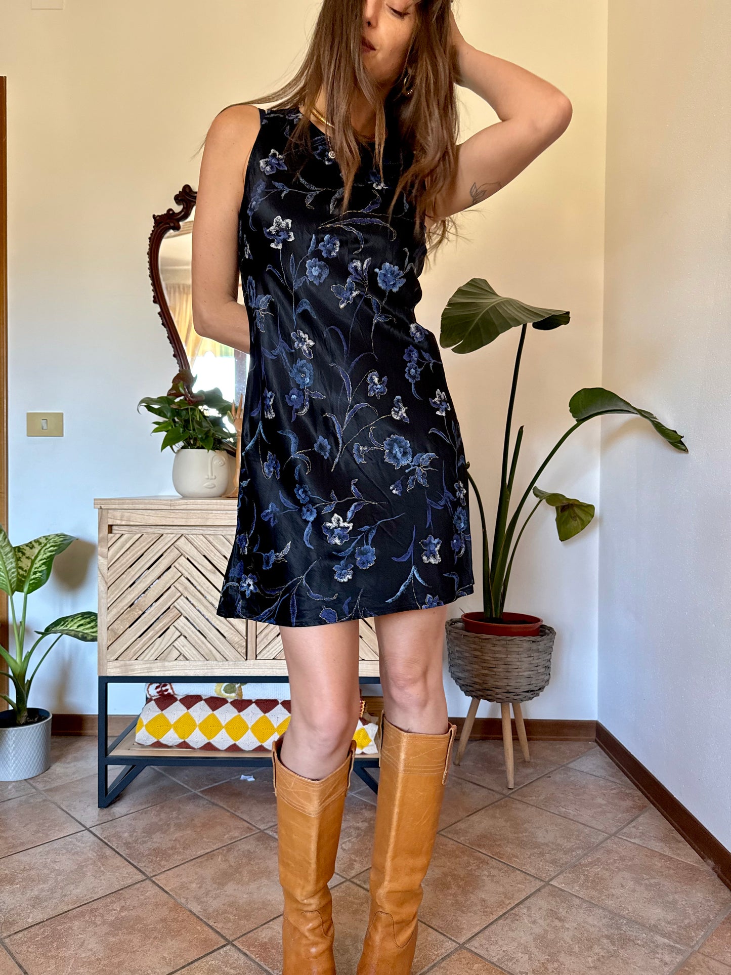 1990's vintage black satin mini dress with blue and gold floral print