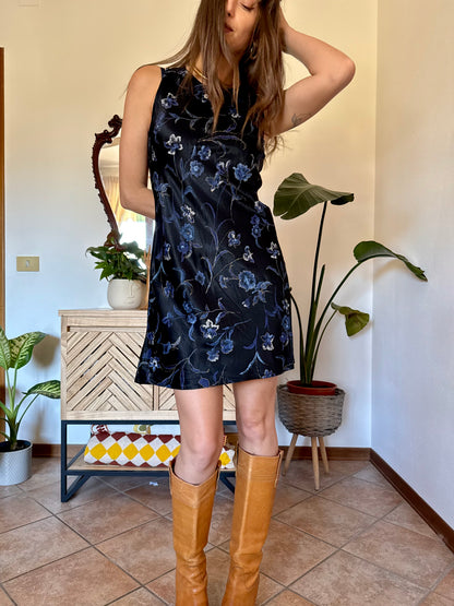 1990's vintage black satin mini dress with blue and gold floral print