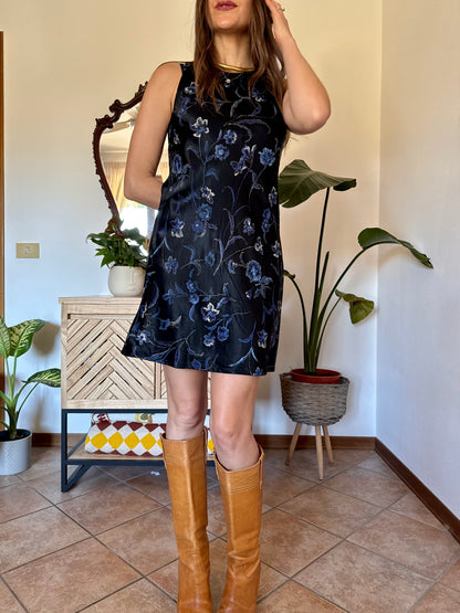 1990's vintage black satin mini dress with blue and gold floral print