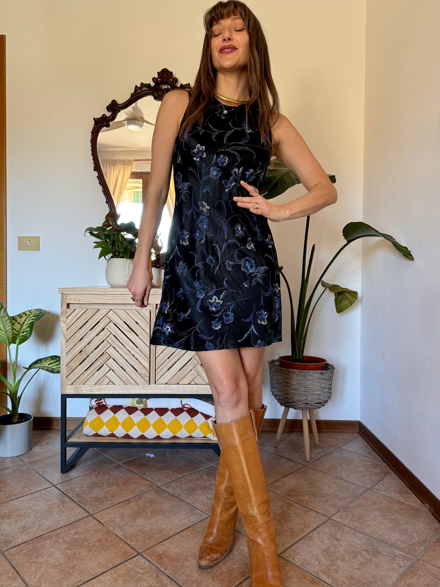 1990's vintage black satin mini dress with blue and gold floral print