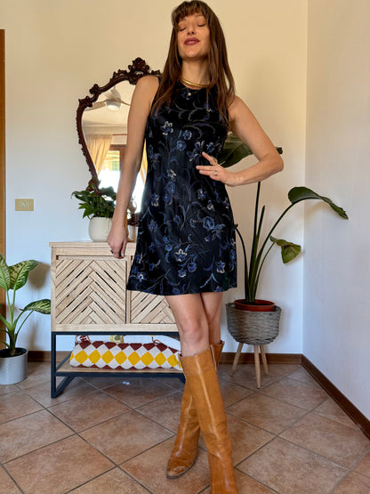 1990's vintage black satin mini dress with blue and gold floral print