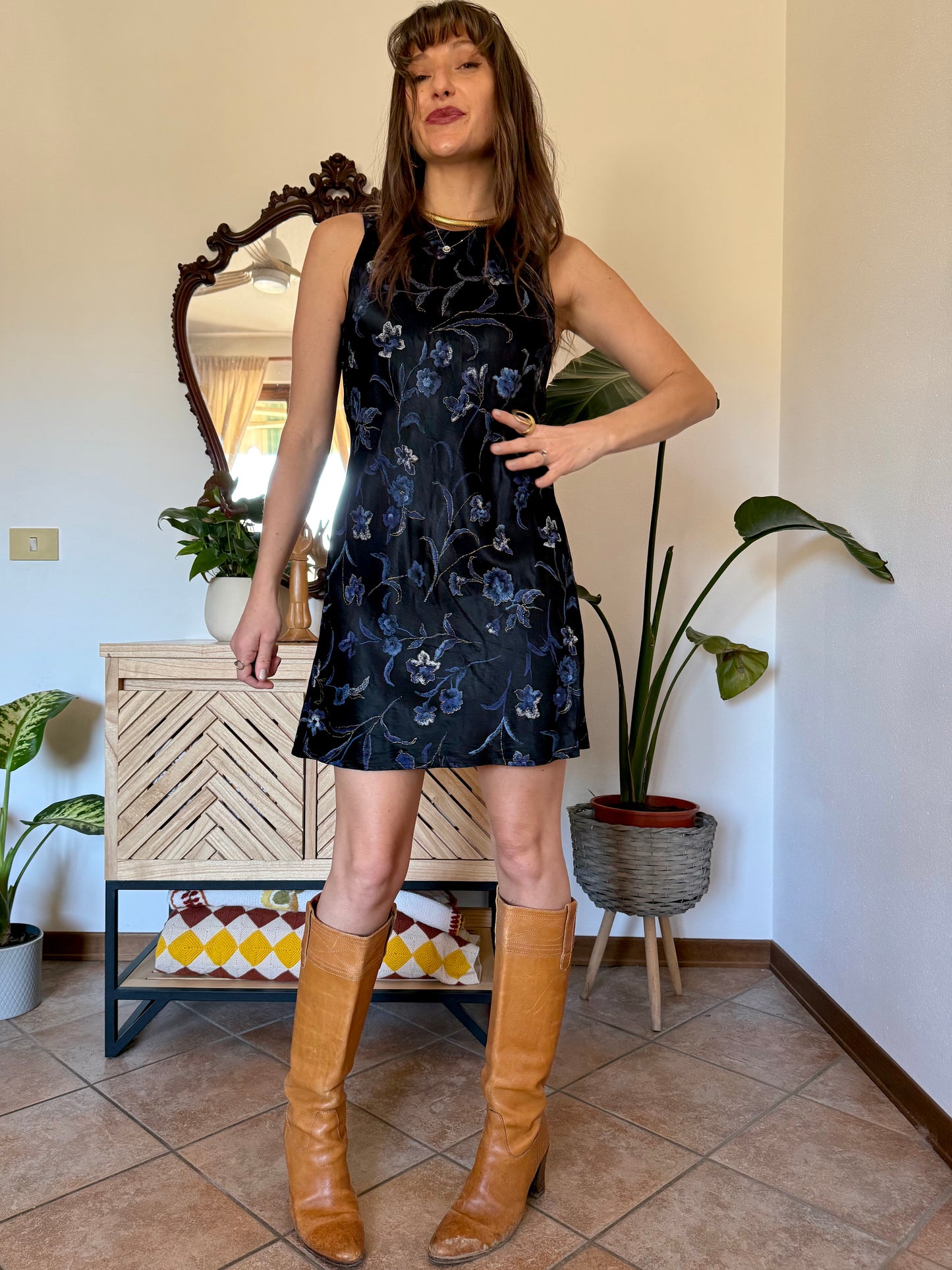 1990's vintage black satin mini dress with blue and gold floral print