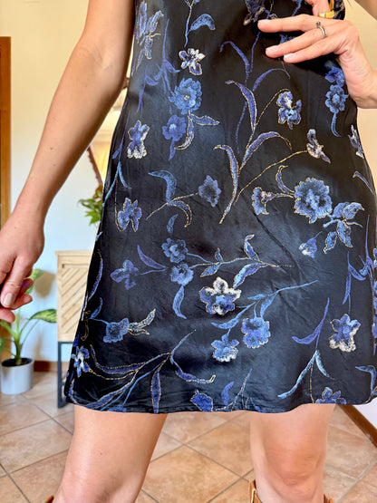 1990's vintage black satin mini dress with blue and gold floral print