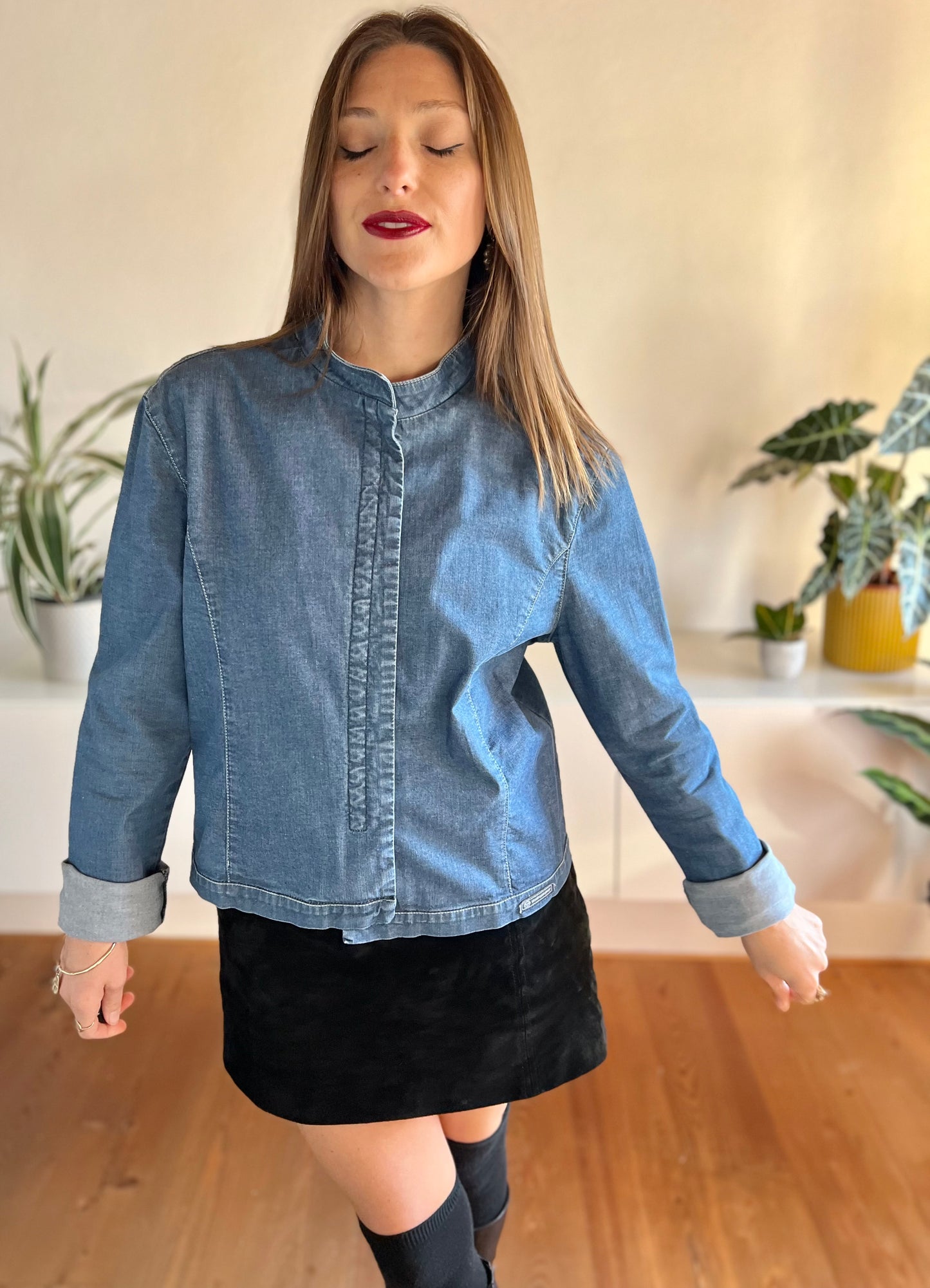 Y2K mandarin collar denim shirt