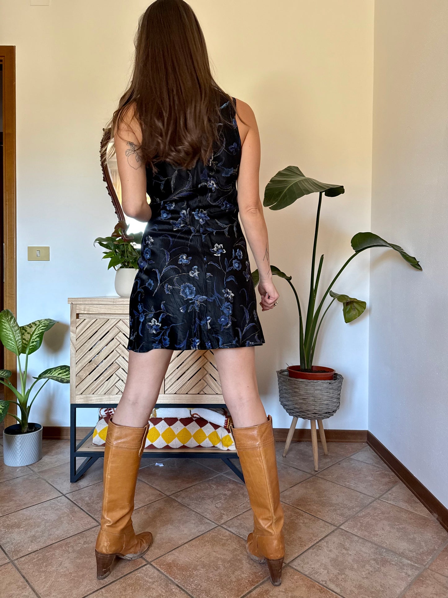 1990's vintage black satin mini dress with blue and gold floral print