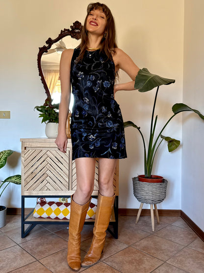 1990's vintage black satin mini dress with blue and gold floral print