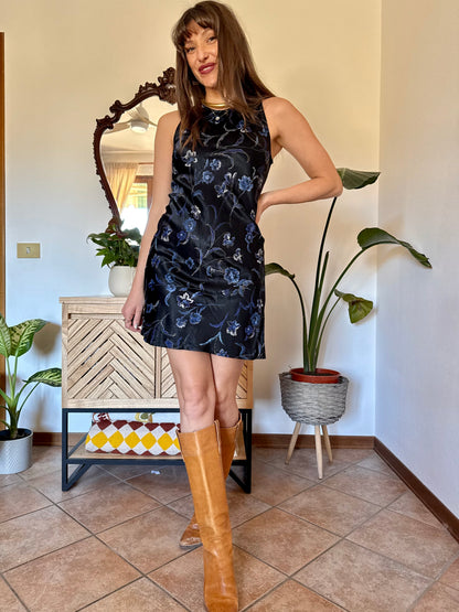 1990's vintage black satin mini dress with blue and gold floral print