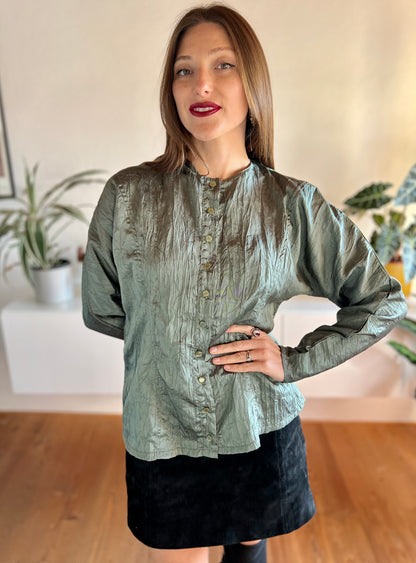 1980's vintage green wrinkle effect iridescent blouse