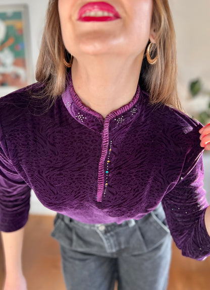 1990's vintage purple and black velvet animal print mock neck top