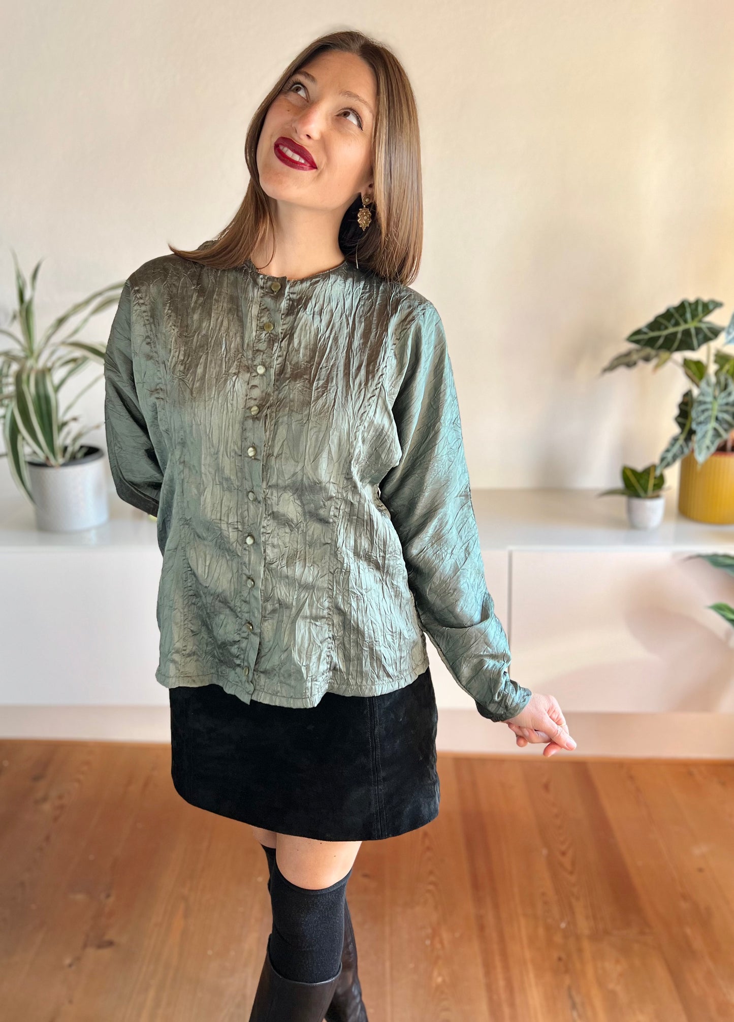 1980's vintage green wrinkle effect iridescent blouse