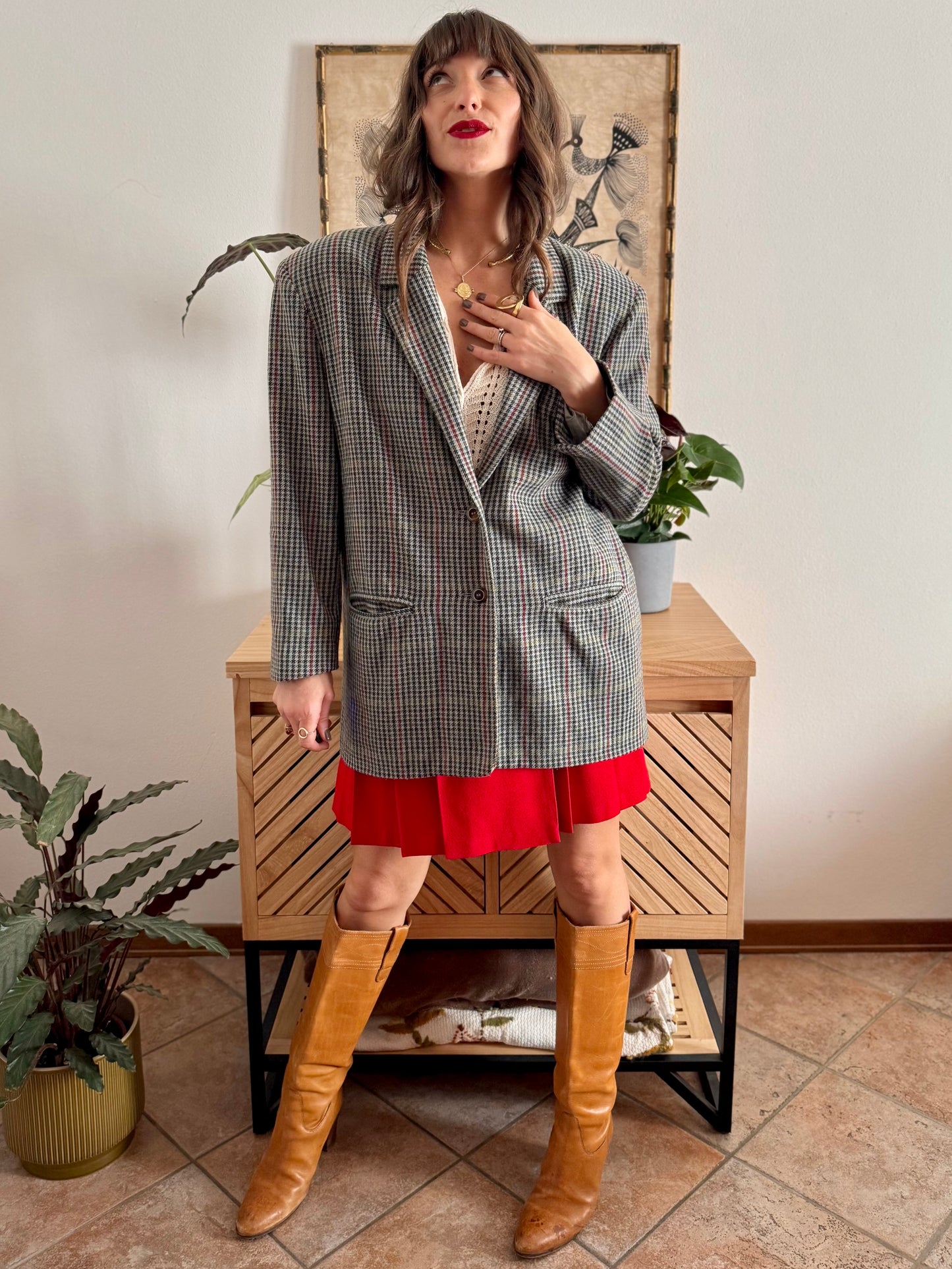 1970's vintage green, red and chocolate brown tweed wool and cashmere blend blazer