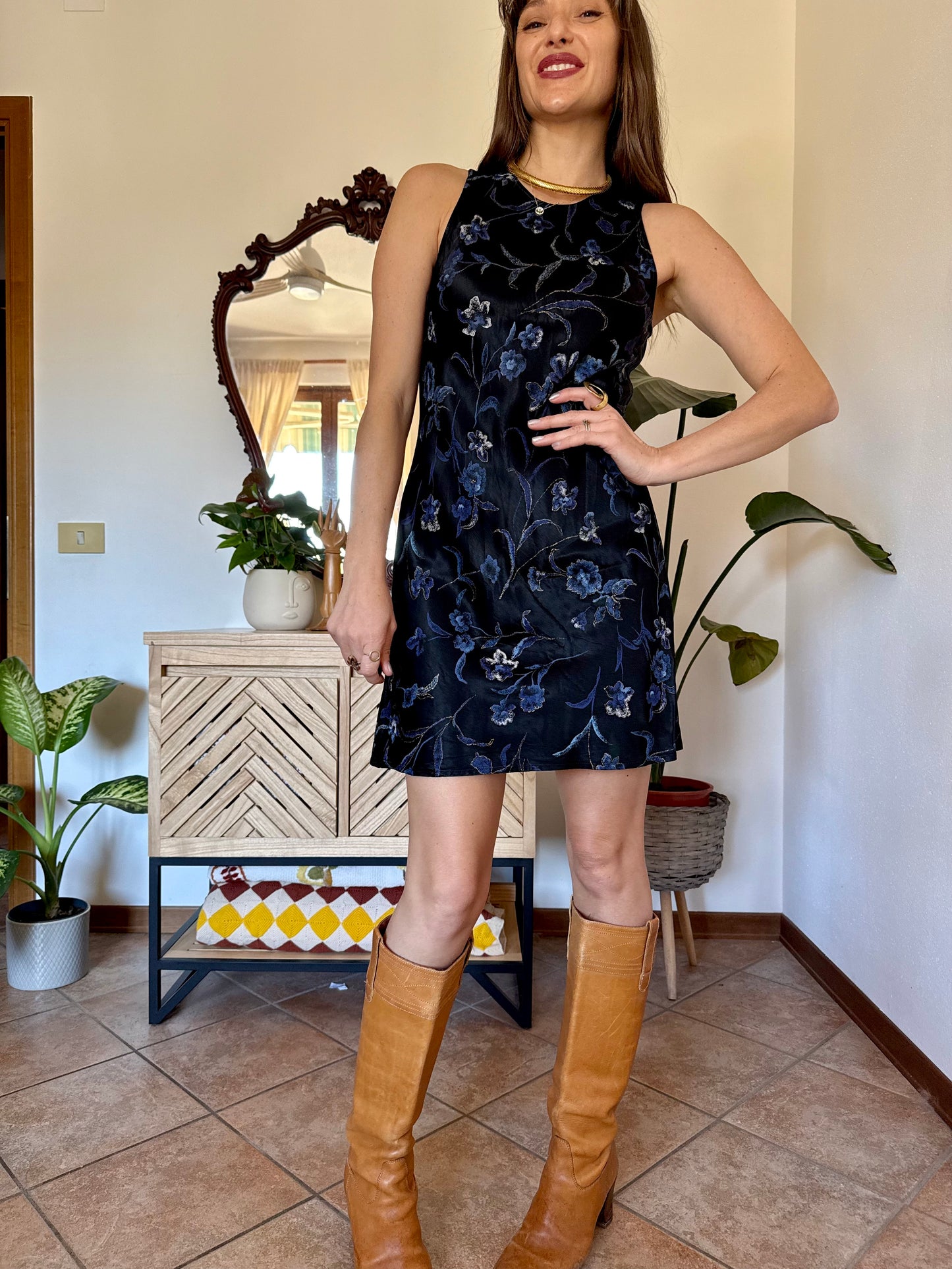 1990's vintage black satin mini dress with blue and gold floral print